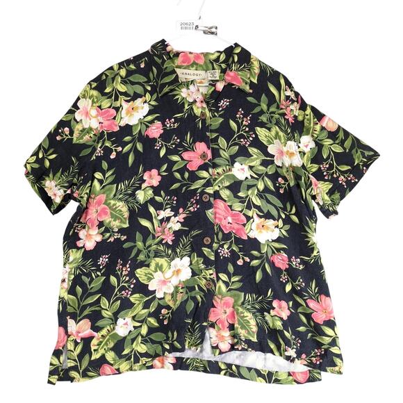 Analogy Black Tropical Button Up Rayon Shirt Women's Plus 1X Short Sleeve Casual - Picture 1 of 10